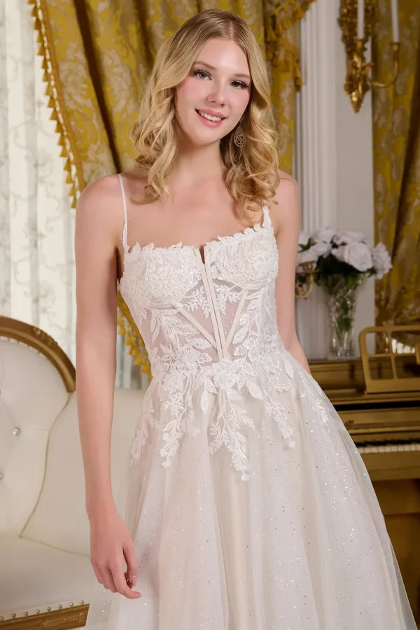 Sequin Boat Neckline Spaghetti Strap Wedding Gown GLS by Gloria - GL3663