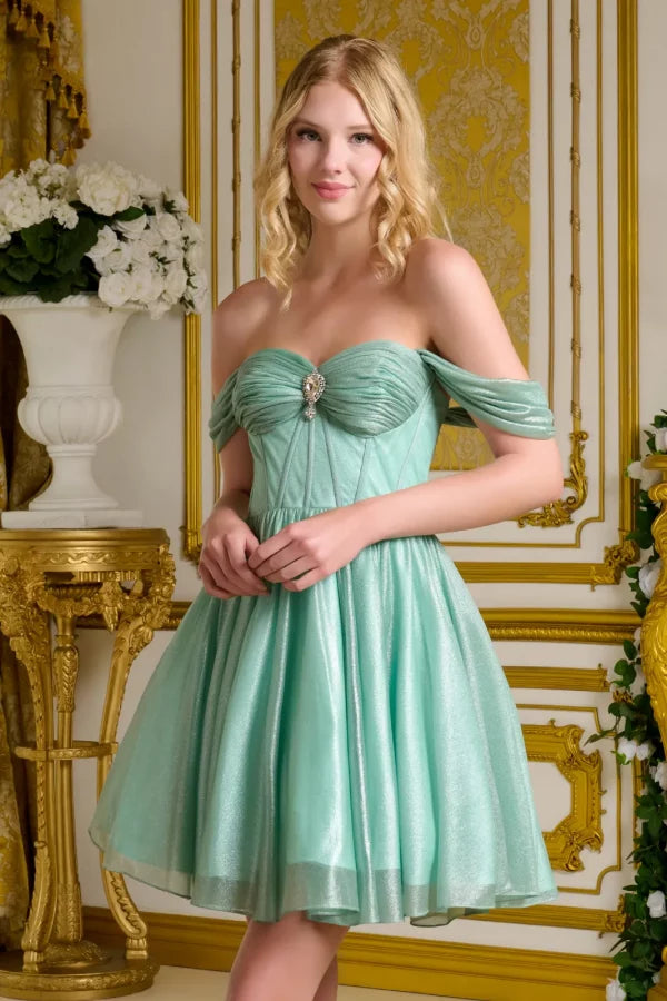 Elizabeth K - GS3633 - Glitter Netting Sweetheart Neckline Cocktail Dress - Short