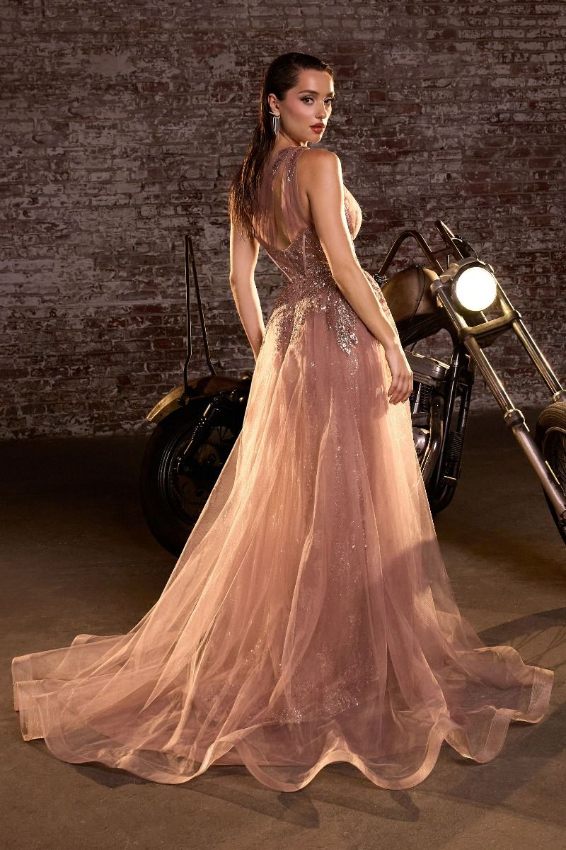 One Shoulder Glitter Tulle Leg Slit Gown by Cinderella Divine J869 - Special Occasion