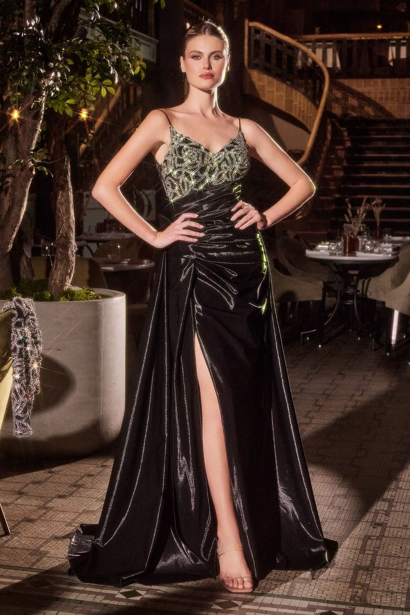 Embellished V-Neckline Leg Slit Gown By Ladivine J882 - Women Evening Formal Gown - Special Occasion