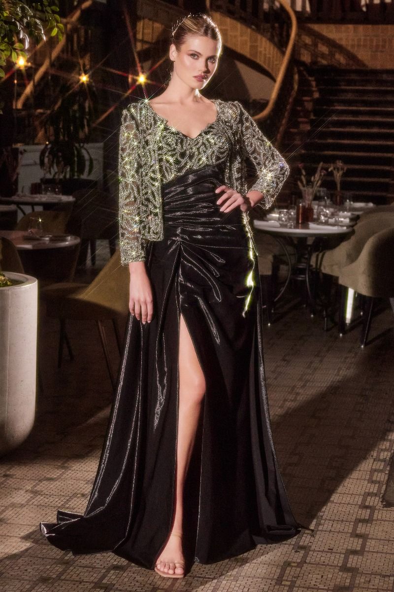 Embellished V-Neckline Leg Slit Gown By Ladivine J882 - Women Evening Formal Gown - Special Occasion