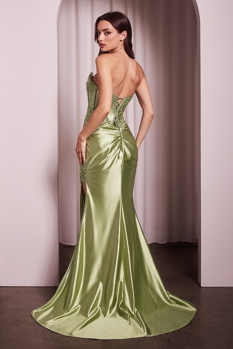 Applique Satin Strapless Leg Slit Gown by Cinderella Divine KV1116 - Special Occasion/Curves