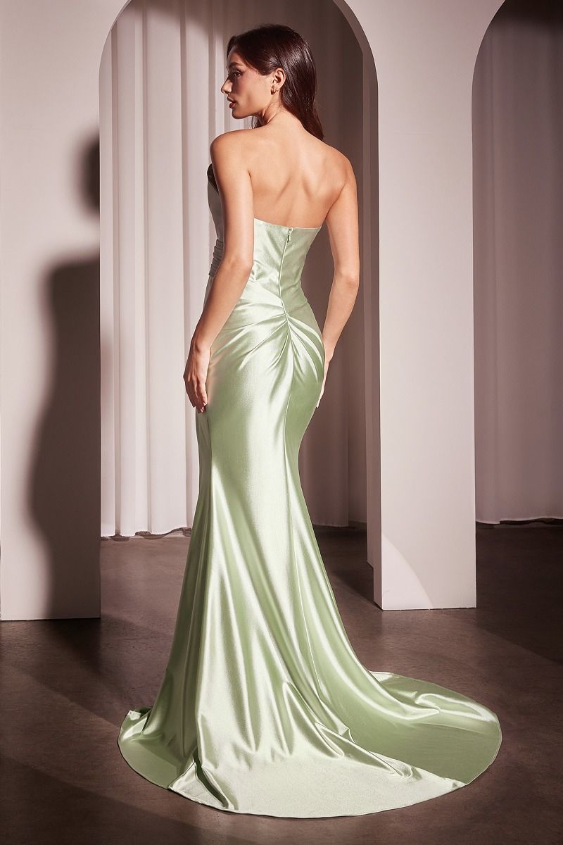 Pleated Satin Strapless Leg Slit Gown By Ladivine KV1118 - Women Evening Formal Gown - Special Occasion