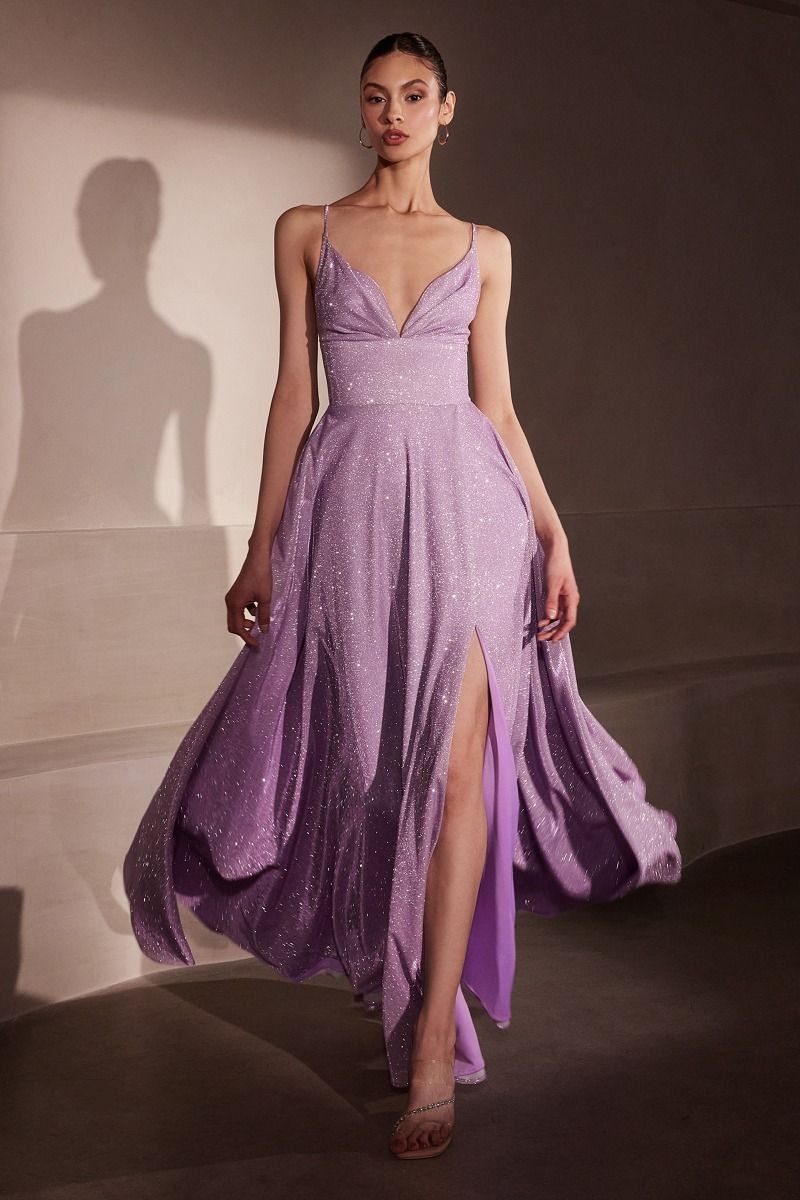 Glitter V-Neck A-Line Slit Gown By Amoris T214 - Women Evening Formal Gown - Special Occasion