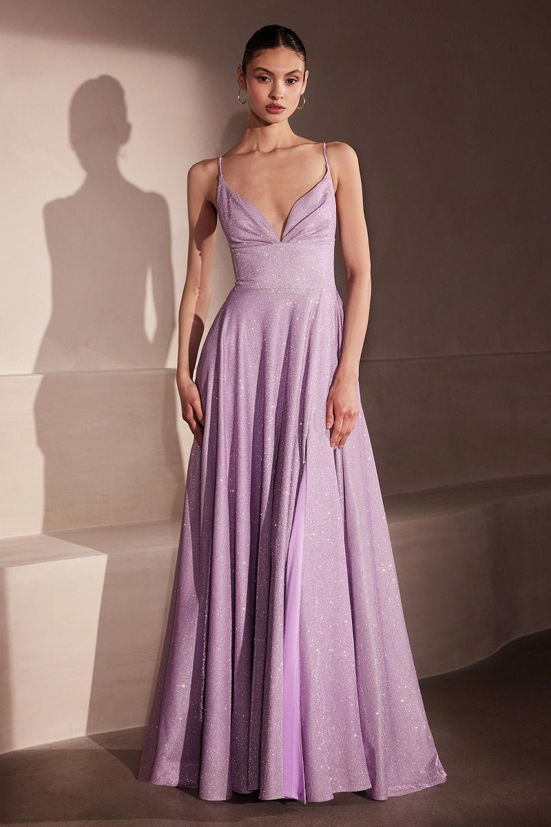 Glitter V-Neck A-Line Slit Gown By Amoris T214 - Women Evening Formal Gown - Special Occasion