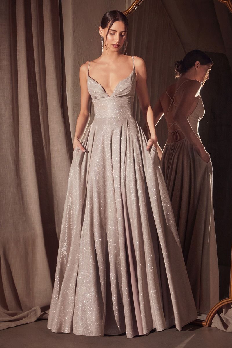 Glitter V-Neck A-Line Slit Gown By Amoris T214 - Women Evening Formal Gown - Special Occasion