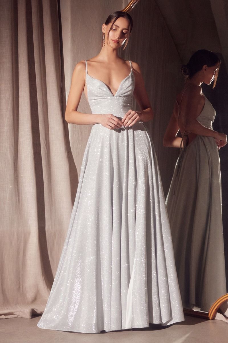 Glitter V-Neck A-Line Slit Gown By Amoris T214 - Women Evening Formal Gown - Special Occasion