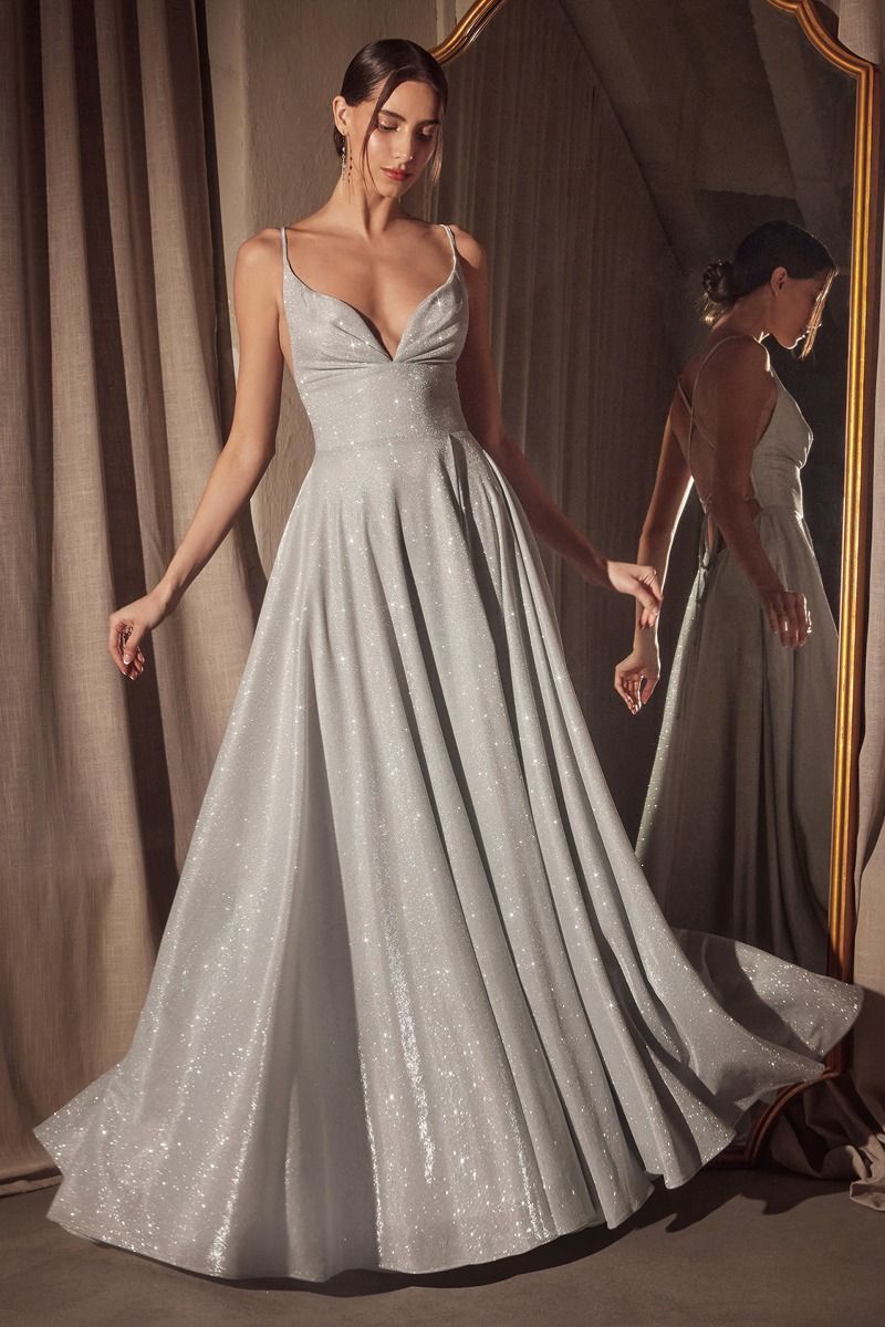 Glitter V-Neck A-Line Slit Gown By Amoris T214 - Women Evening Formal Gown - Special Occasion