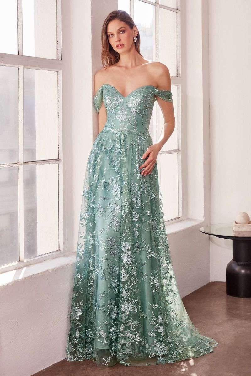 Glitter Off Shoulder A-Line Gown By Amoris T607 - Women Evening Formal Gown - Special Occasion