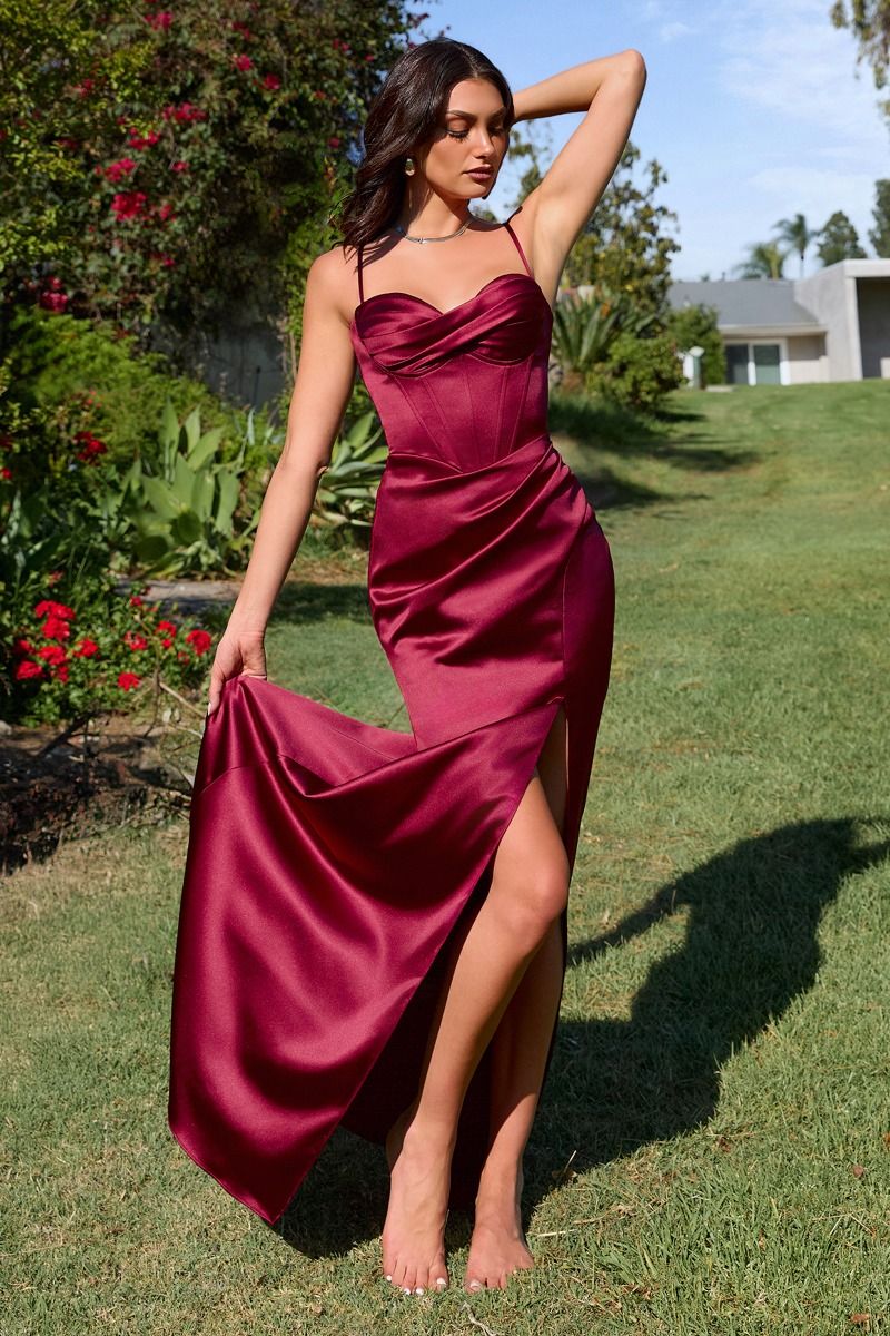 Satin Sweetheart Neckline Leg Slit Gown By Amoris T608 - Women Evening Formal Gown - Special Occasion