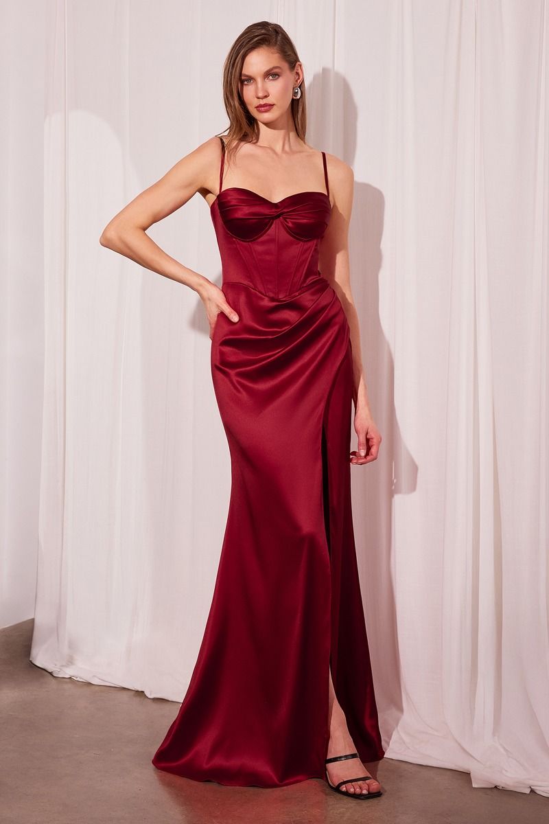 Satin Sweetheart Neckline Leg Slit Gown By Amoris T608 - Women Evening Formal Gown - Special Occasion