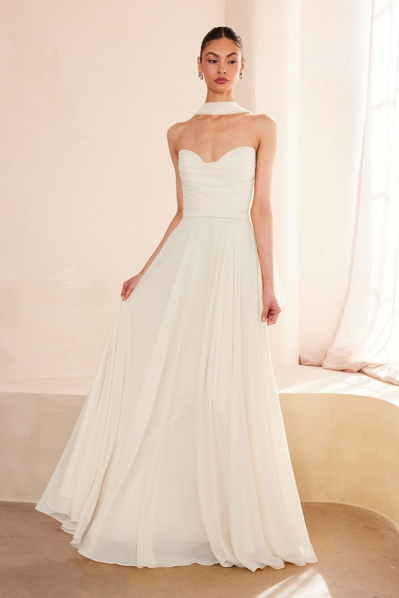 Strapless Chiffon Scoop Neck A-Line Bridal Gown by Amoris T703W