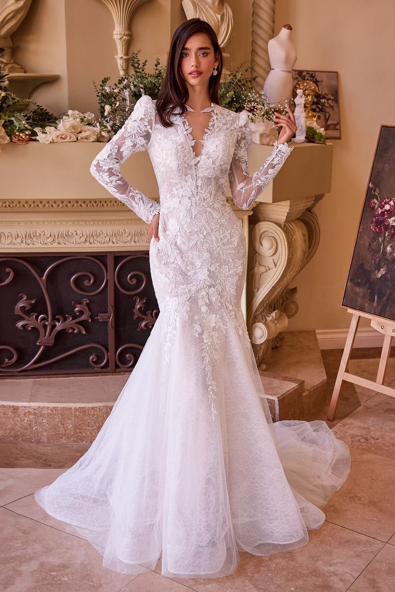 Long Sleeves V-Neckline Mermaid Bridal Gown by Andrea and Leo WL036 8 / Off-White Nude
