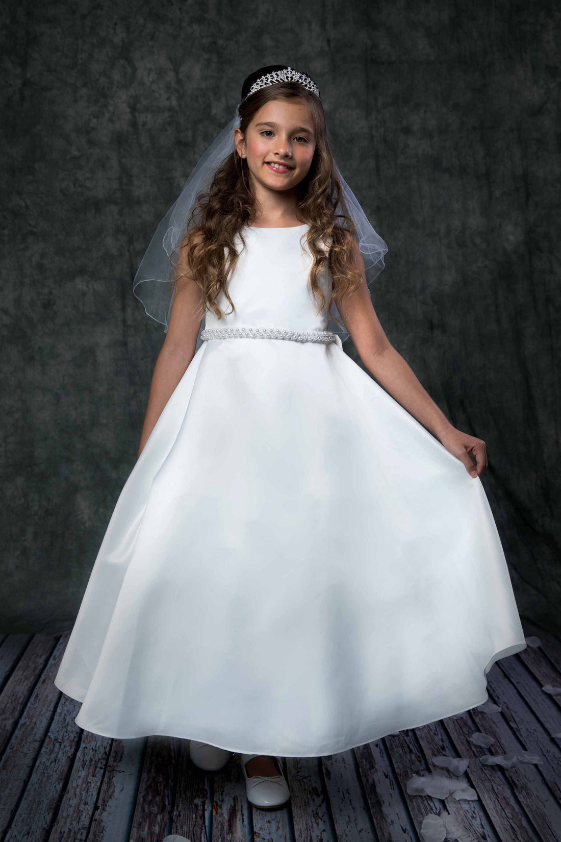 satin communion dress White Satin First Communion Dress: Long Puffy Sleeve Flower Girl Gown