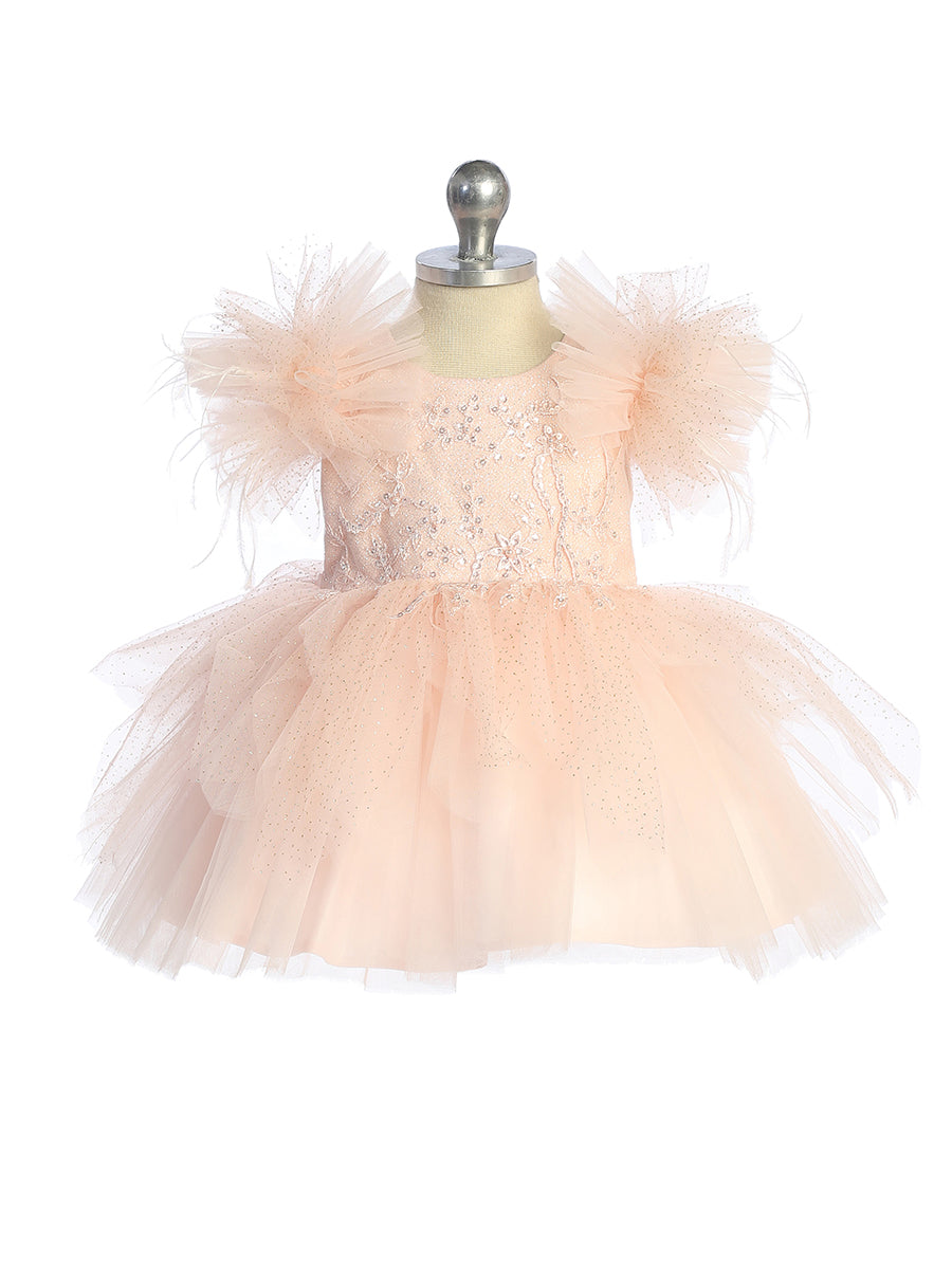Baby Dress with Lace Applique and Fluffy Sleeves by TIPTOP KIDS - AS5848S Blush / 6M Baby Dress with Lace Applique and Fluffy Sleeves by TIPTOP KIDS - AS5848S Blush / 6M