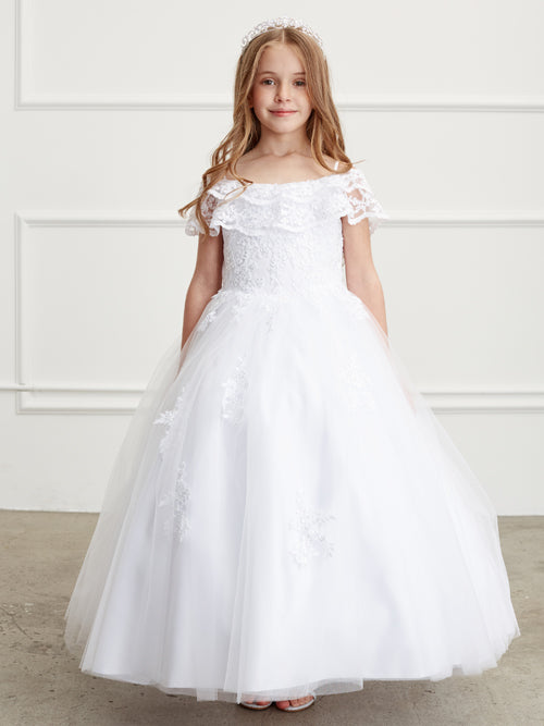 Girl Mini Quince Dress - Off Shoulder Lace Overlay with Mesh Skirt by TIPTOP KIDS Girl Mini Quince Dress - Off Shoulder Lace Overlay with Mesh Skirt by TIPTOP KIDS