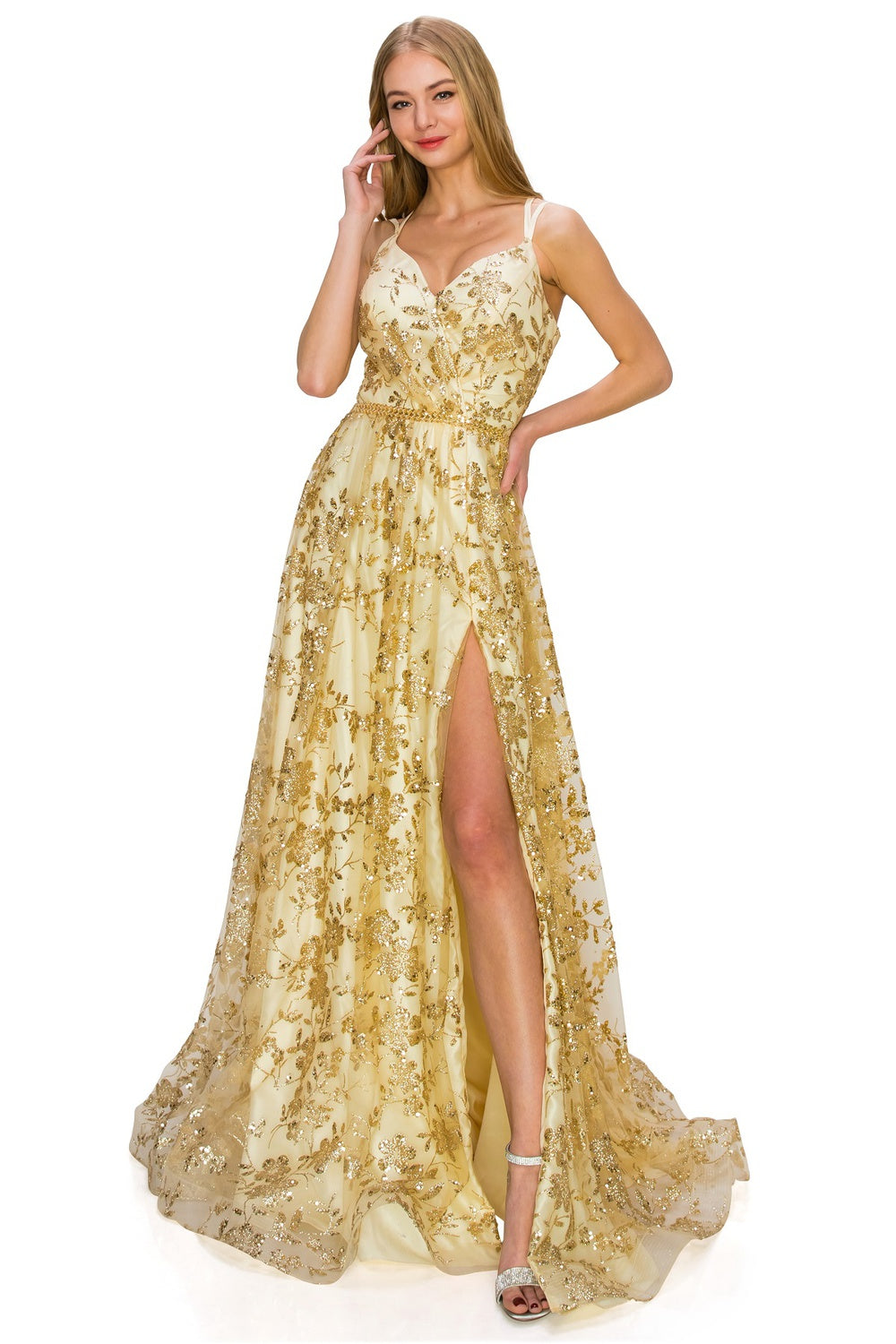Floral Sequin A-Line Gown by Cinderella Couture USA AS8022J-CHAM - Special Occasion/Curves S / Champagne Floral Sequin A-Line Gown by Cinderella Couture USA AS8022J-CHAM - Special Occasion/Curves S / Champagne