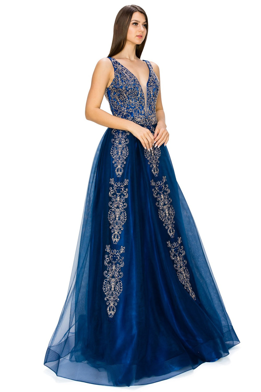 Navy Floral Glitter Tulle Dress by Cinderella Couture USA AS8029J-NAVY - Special Occasion/Curves