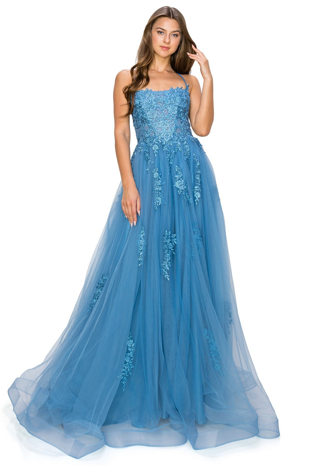 Dusty-Blue Lace Tulle Gown by Cinderella Couture USA AS8031J-DBlue-Q - Special Occasion/Curves Dusty Blue / 6/S Dusty-Blue Lace Tulle Gown by Cinderella Couture USA AS8031J-DBlue-Q - Special Occasion/Curves Dusty Blue / 6/S