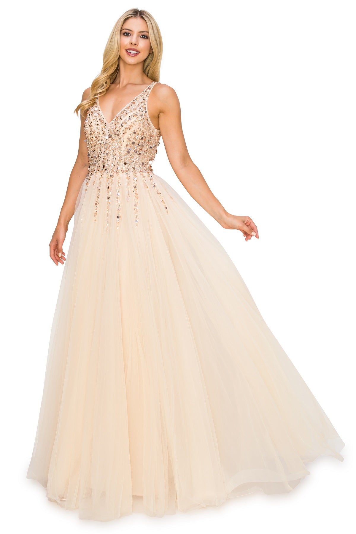 Champagne Sequins Lace Tulle A-line Gown by Cinderella Couture USA AS8034J - Special Occasion/Curves Champagne / 16/3X Champagne Sequins Lace Tulle A-line Gown by Cinderella Couture USA AS8034J - Special Occasion/Curves Champagne / 16/3X