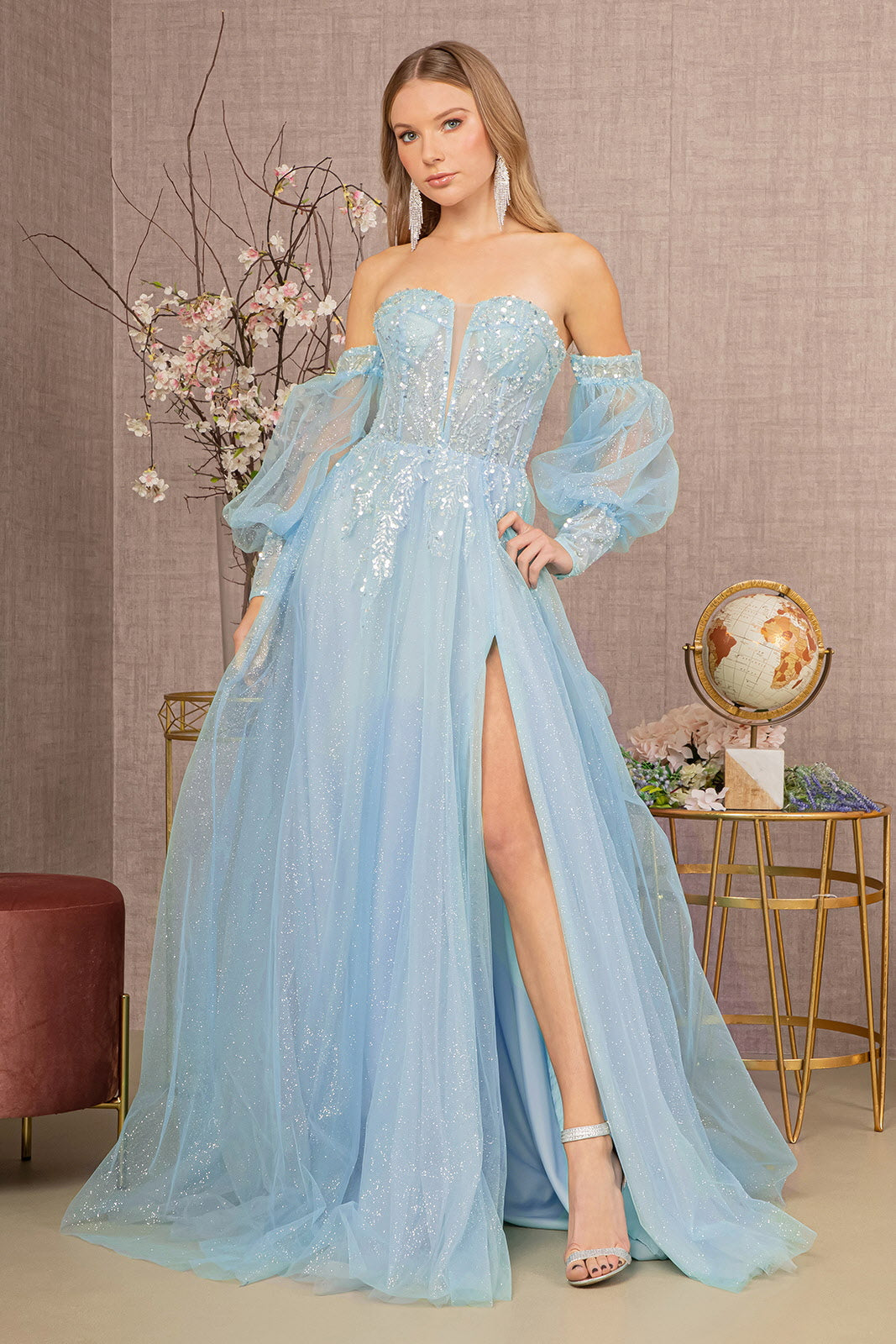 Strapless Sheer-Bodice Long Sweetheart Prom Dress