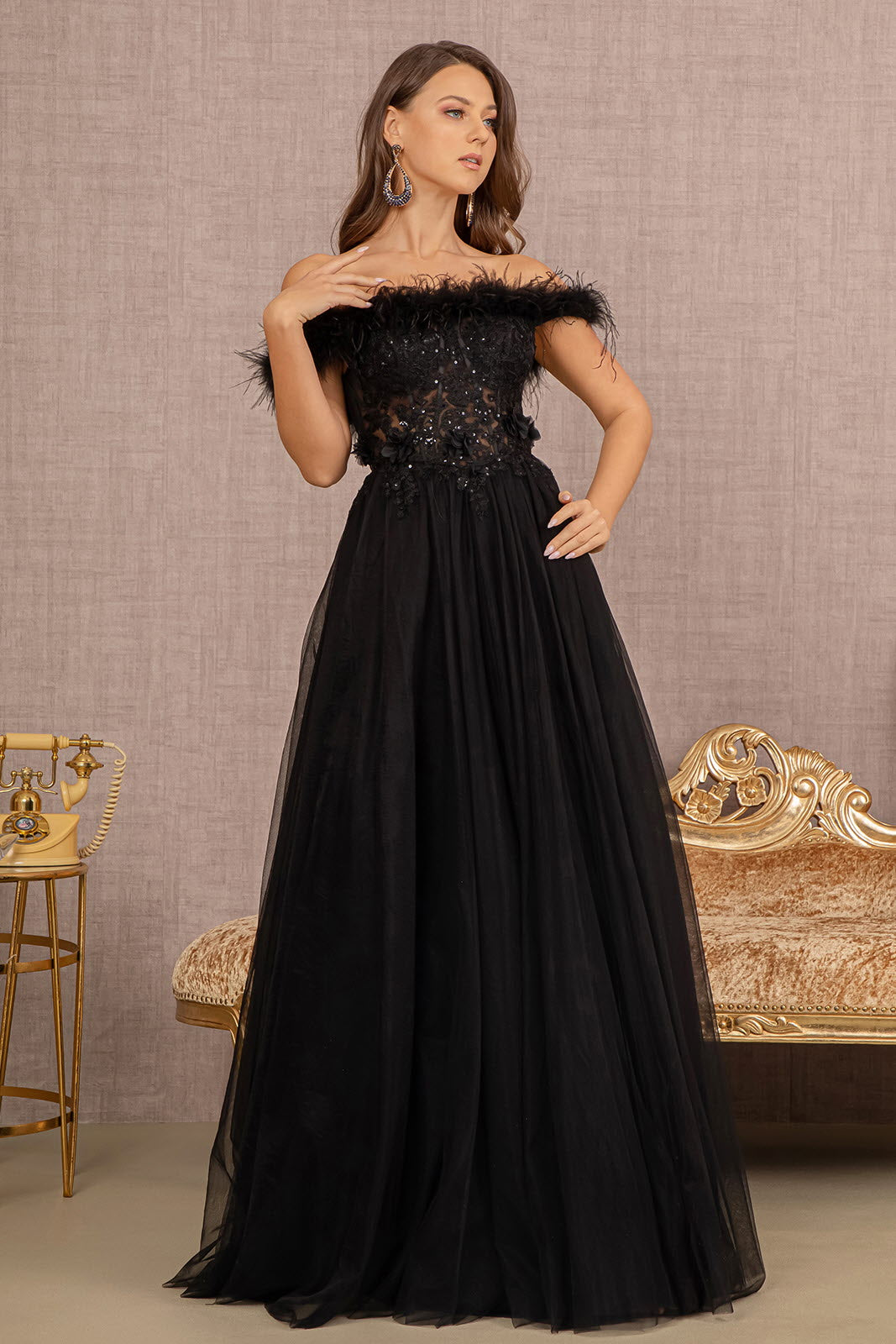 Off Shoulder Feather A-Line Gown by GLS Gloria GL3138 Black / S Off Shoulder Feather A-Line Gown by GLS Gloria GL3138 Black / S