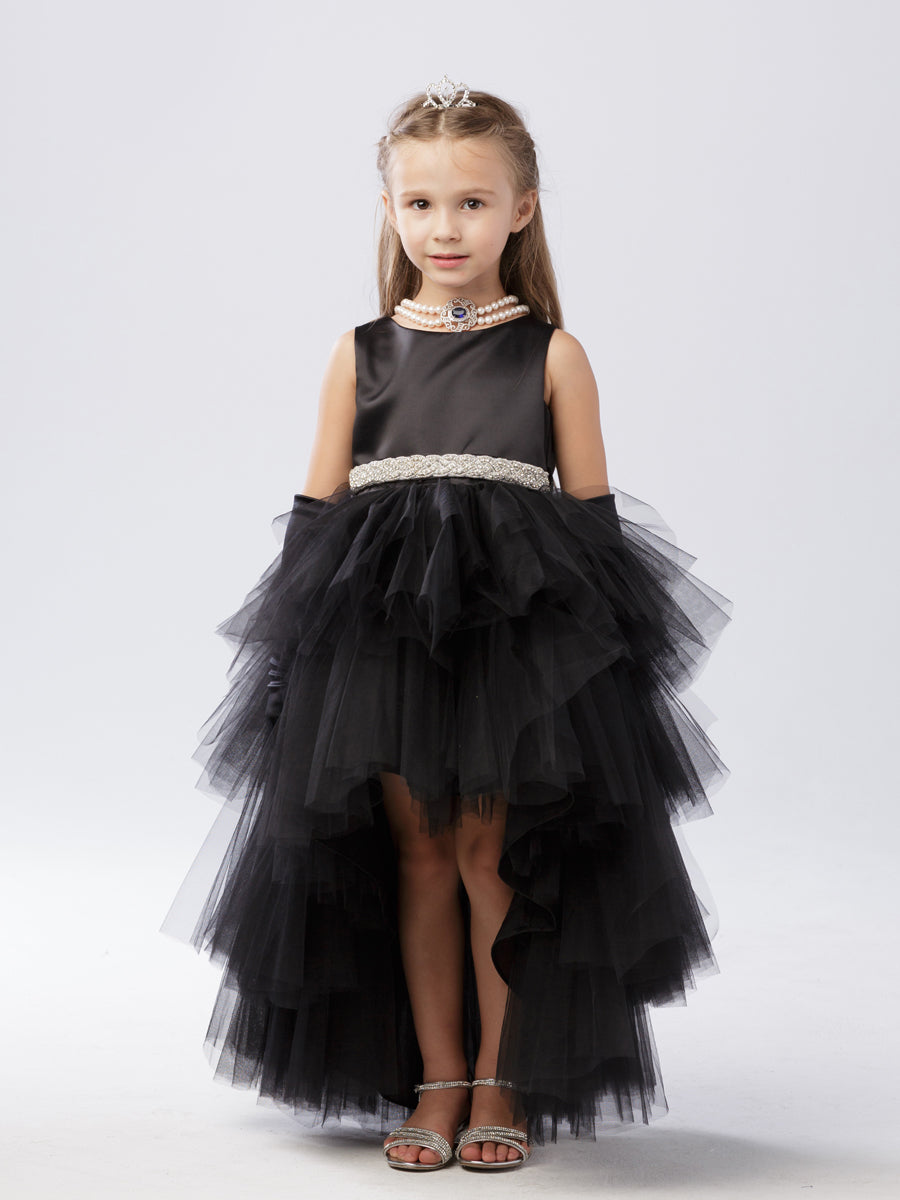 Black_2 Girl Dress with Ruffled Tulle High-Low Dress - AS5658
