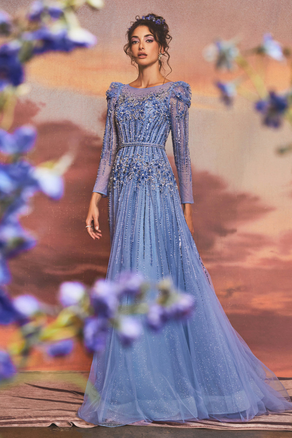 Andrea & Leo A1167 - Azurite Beaded Long Sleeve A-Line Gown Blue / 16 Andrea & Leo A1167 - Azurite Beaded Long Sleeve A-Line Gown Blue / 16