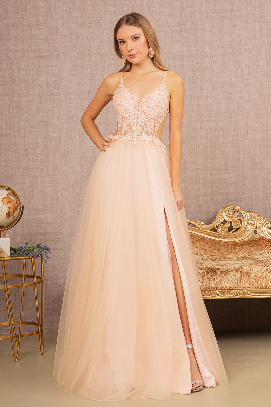 Elizabeth K GL3152 Sparkling Sheer Corset A Line Cut Out Dress, Blush / L Elizabeth K GL3152 Sparkling Sheer Corset A Line Cut Out Dress, Blush / L