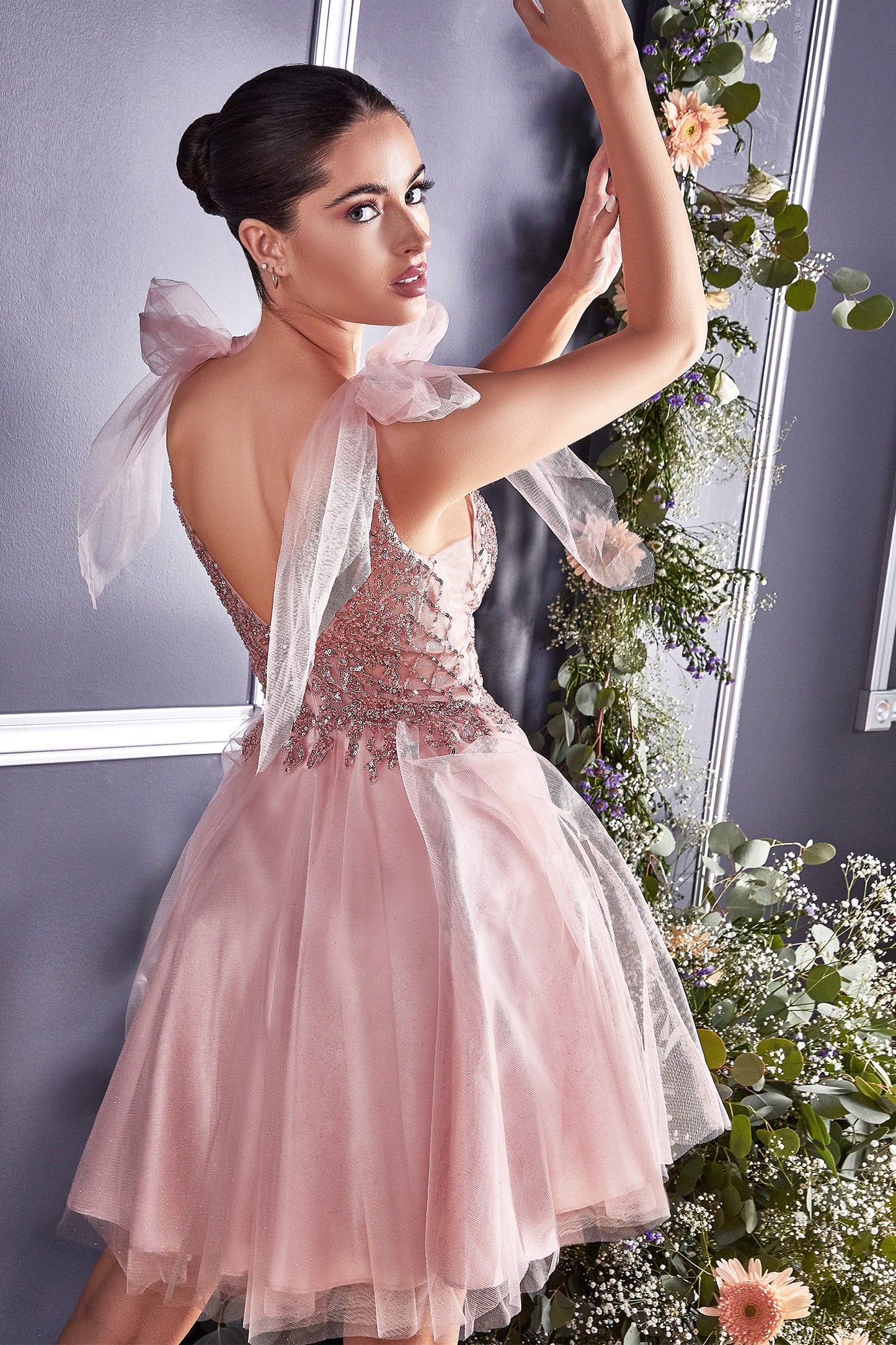 Beaded Lace Tulle A-Line Short Dress with Tulle Bow - Cinderella Divine CD0174