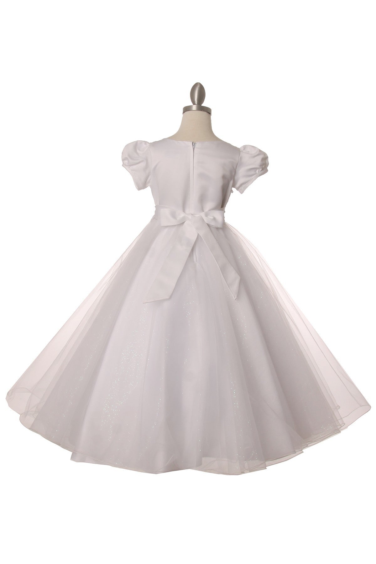 Puff Sleeve Floral Pearl Bead Lace Tulle Flower Girl Dress by Cinderella Couture USA AS2012