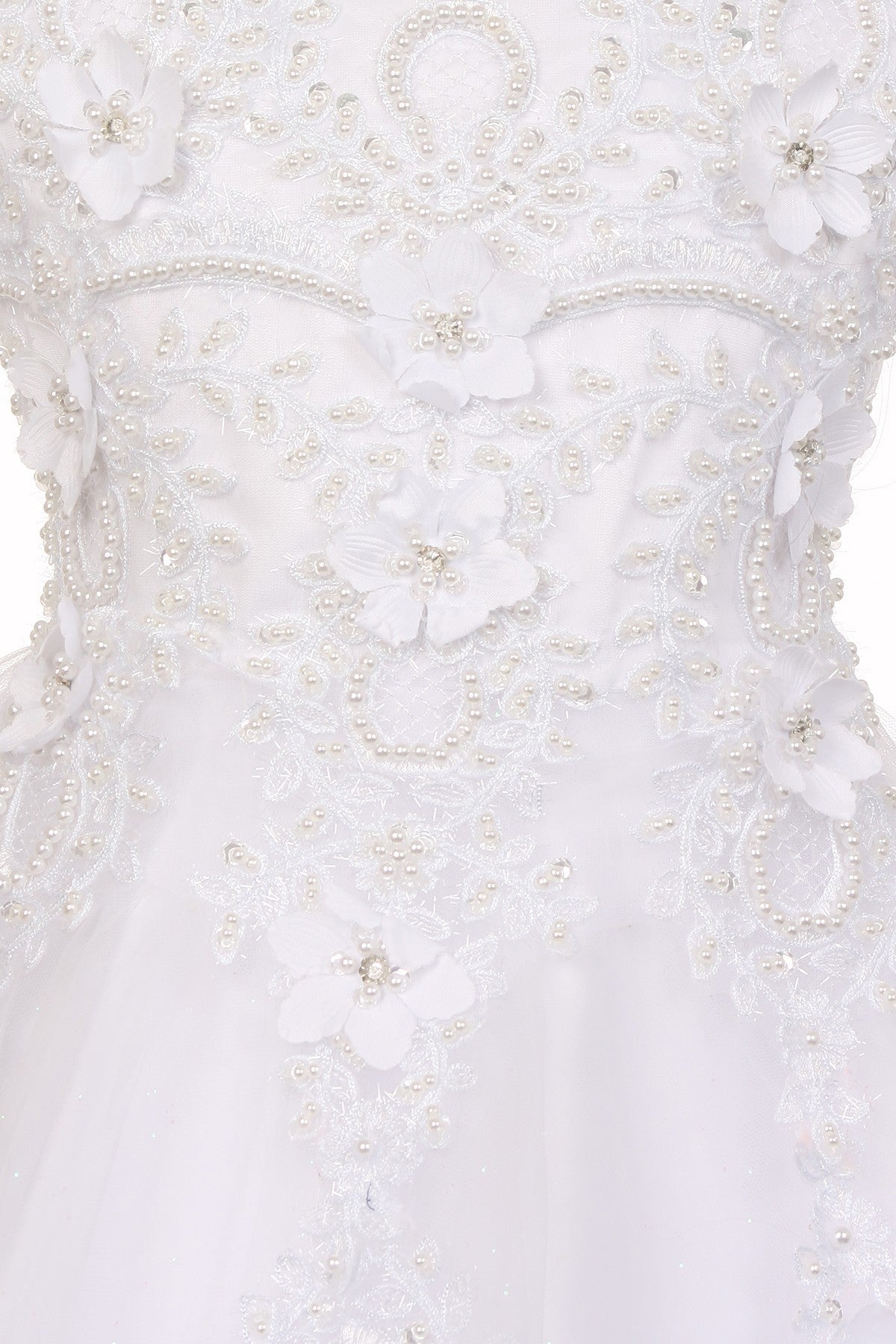 Puff Sleeve Floral Pearl Bead Lace Tulle Flower Girl Dress by Cinderella Couture USA AS2012
