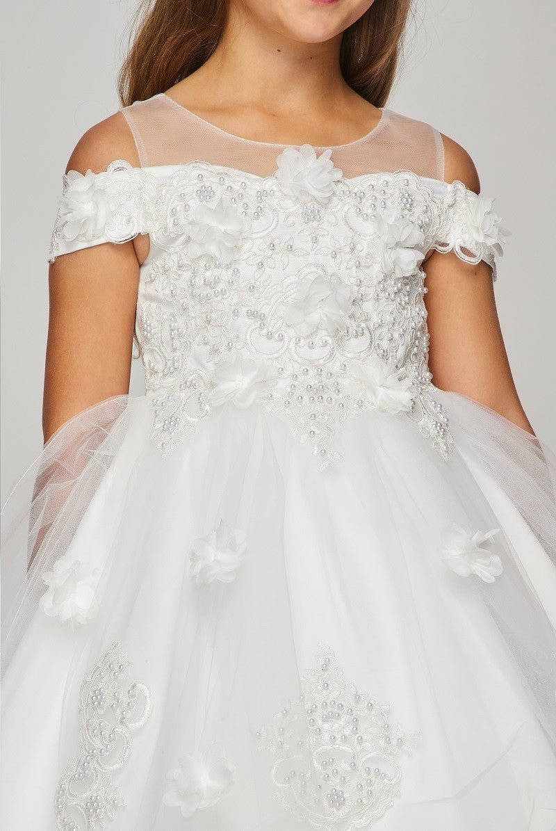 Off the Shoulder Floral Sequin Pearl Beads Girl Tulle Party Dress by Cinderella Couture USA 9119