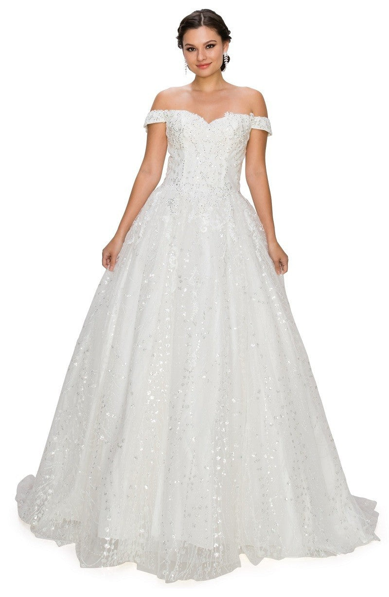 White Off the Shoulder Glitter Lace Tulle Quinceanera Gowns by Cinderella Couture USA AS4201WT
