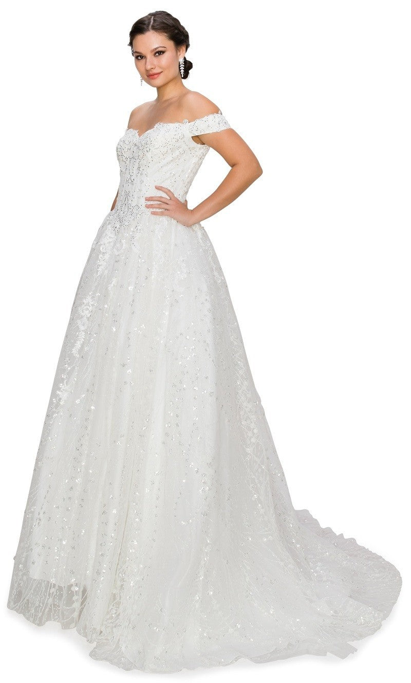 White Off the Shoulder Glitter Lace Tulle Quinceanera Gowns by Cinderella Couture USA AS4201WT