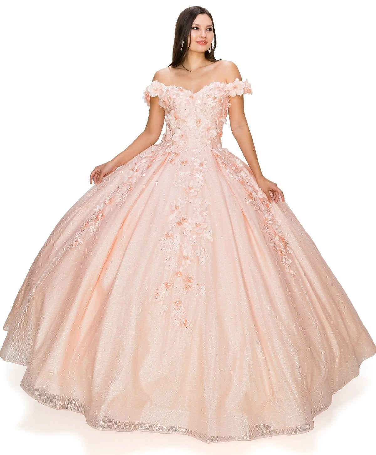 Off the Shoulder Floral Lace Tulle Quinceanera Dress by Cinderella Couture USA AS8020J-blush