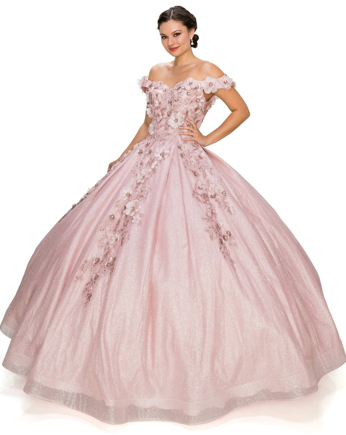 Off the Shoulder Floral Satin Tulle Quinceanera Dress by Cinderella Couture USA AS8020J-drose