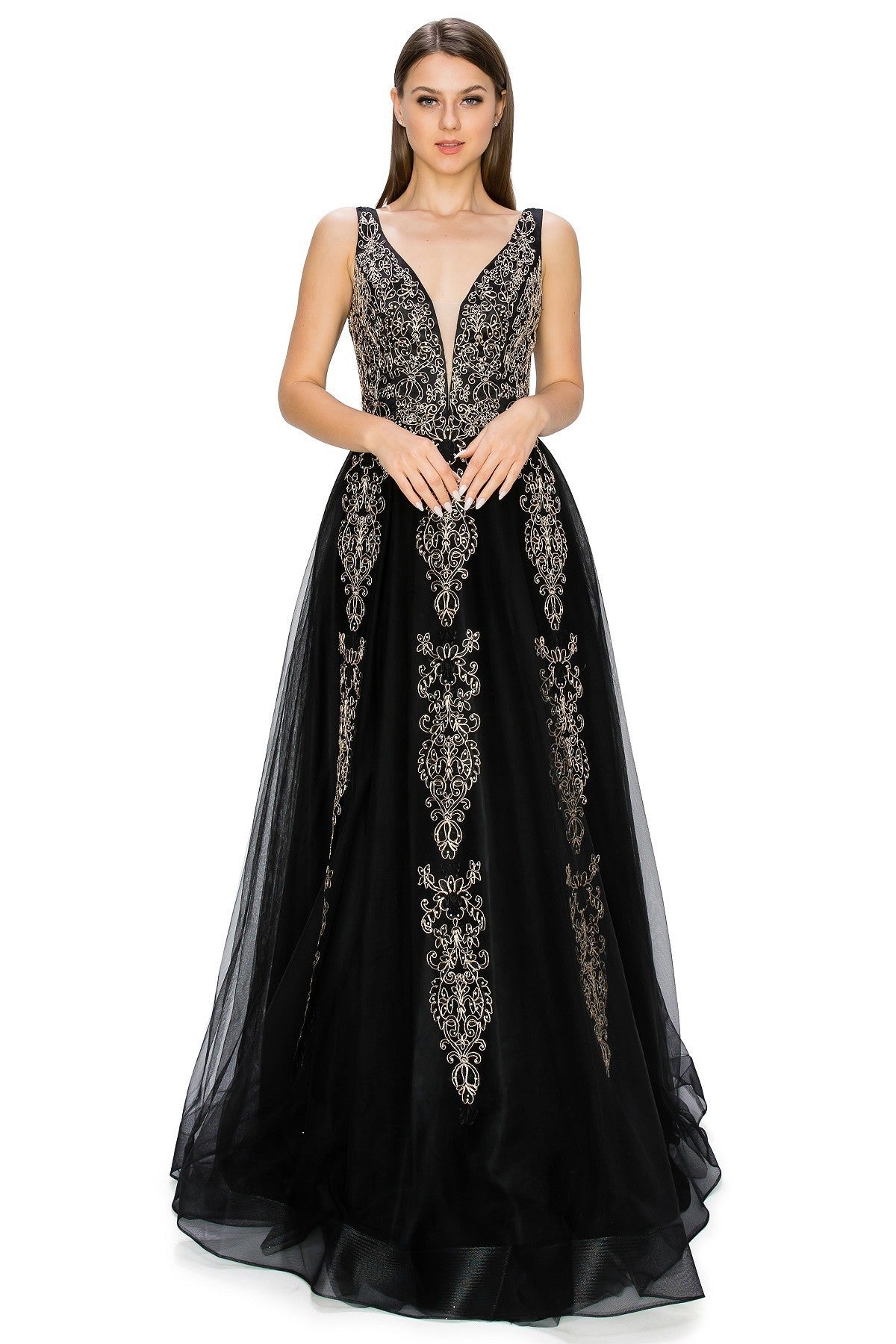 Black Glitter Floral Lace Tulle Gown by Cinderella Couture USA AS8029J-BLK - Special Occasion/Curves