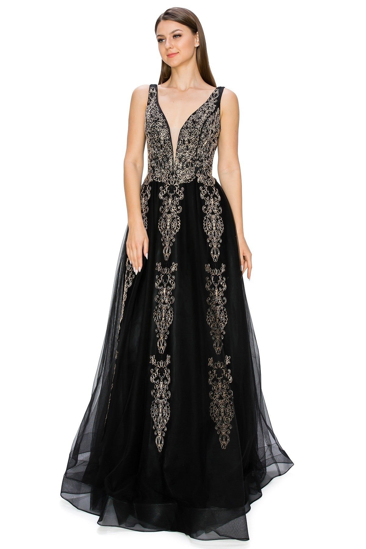 Black Glitter Floral Lace Tulle Gown by Cinderella Couture USA AS8029J-BLK - Special Occasion/Curves