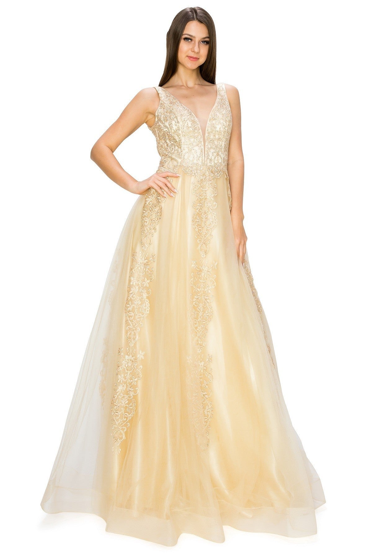Champagne Glitter Floral Lace Tulle Gown by Cinderella Couture USA AS8029J-CHA Lace Tulle Gown - Special Occasion/Curves