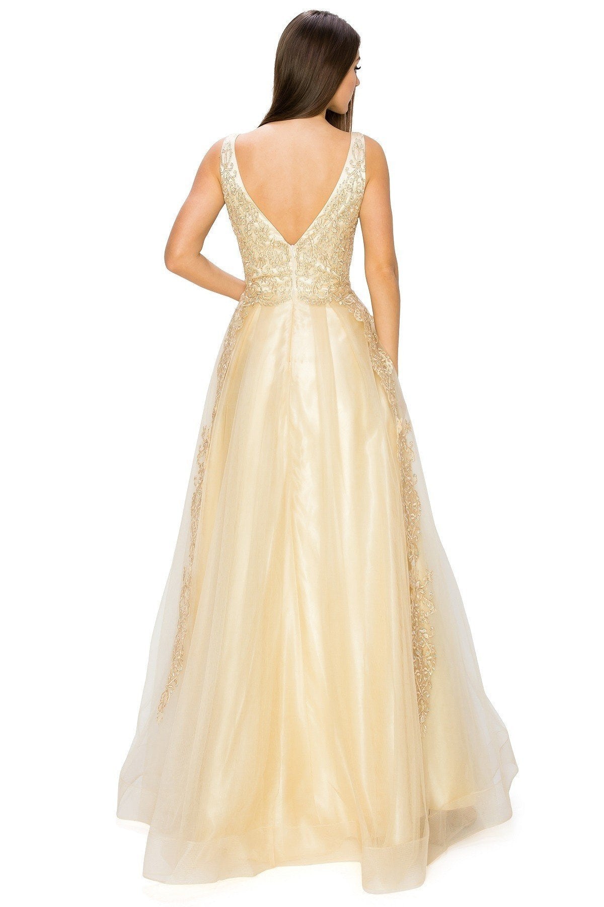Champagne Glitter Floral Lace Tulle Gown by Cinderella Couture USA AS8029J-CHA Lace Tulle Gown - Special Occasion/Curves