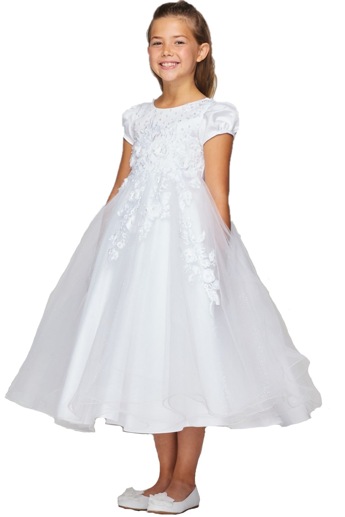 FLoral Stone Cap Sleeve Satin Tulle Flower Girl Dress by Cinderella Couture USA AS2013
