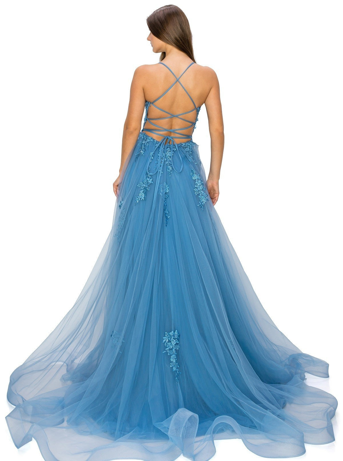 Dusty-Blue Lace Tulle Gown by Cinderella Couture USA AS8031J-DBlue-Q - Special Occasion/Curves