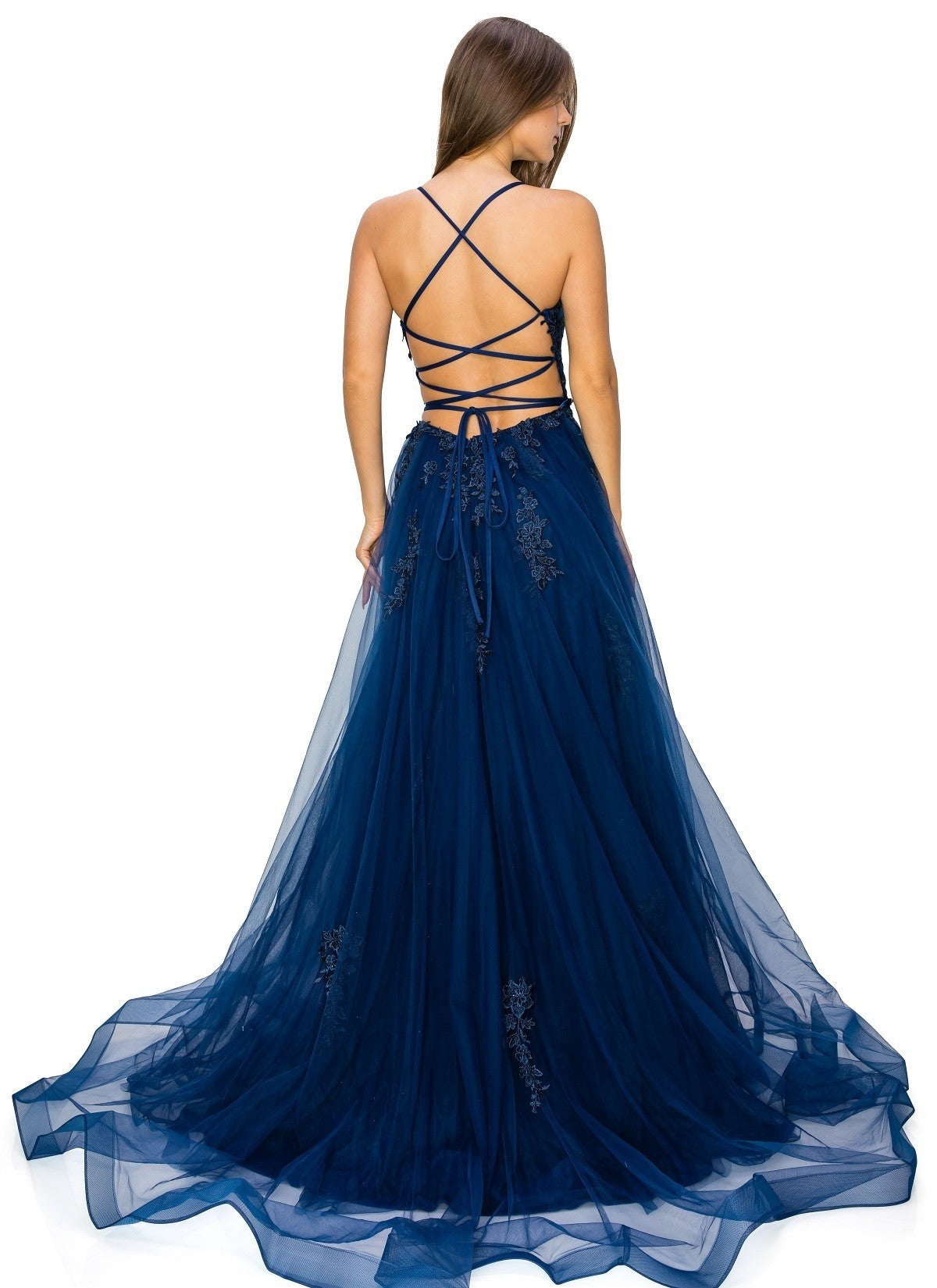 Navy Lace Applique Tulle A-Line Gown by Cinderella Couture USA AS8031J-NA Lace Tulle Gown - Special Occasion/Curves