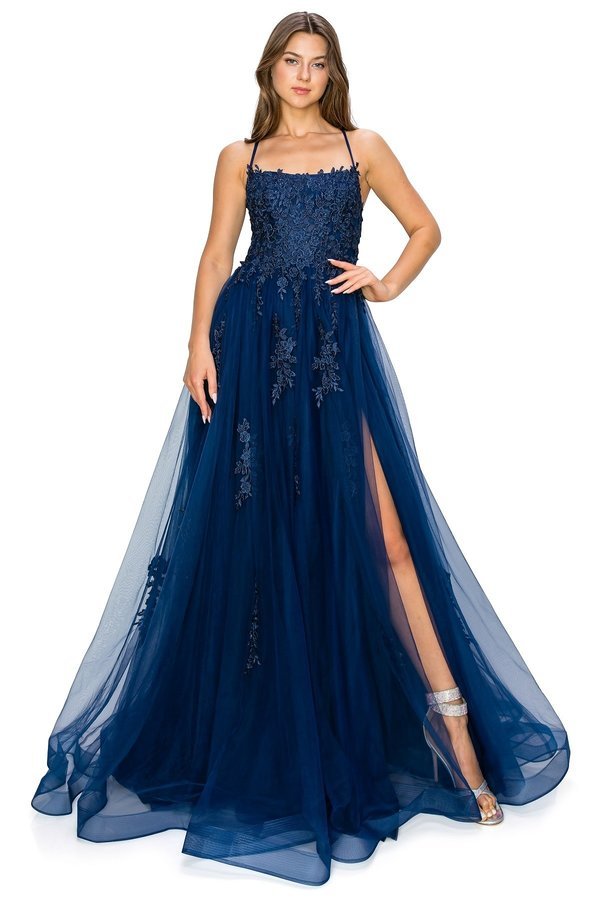 Navy Lace Applique Tulle A-Line Gown by Cinderella Couture USA AS8031J-NA Lace Tulle Gown - Special Occasion/Curves