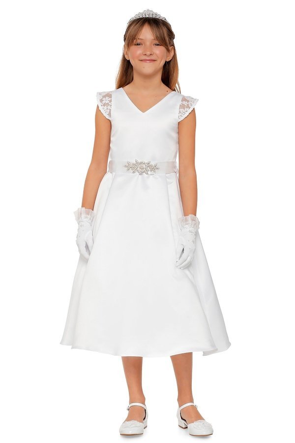 Cap Lace Sleeve Satin Girl Communion Dress by Cinderella Couture USA AS2009