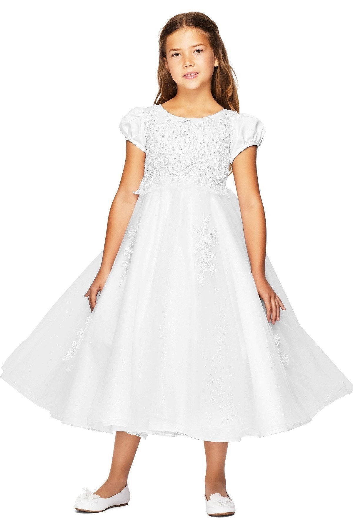 Puff Sleeve Floral Pearl Bead Lace Tulle Flower Girl Dress by Cinderella Couture USA AS2012