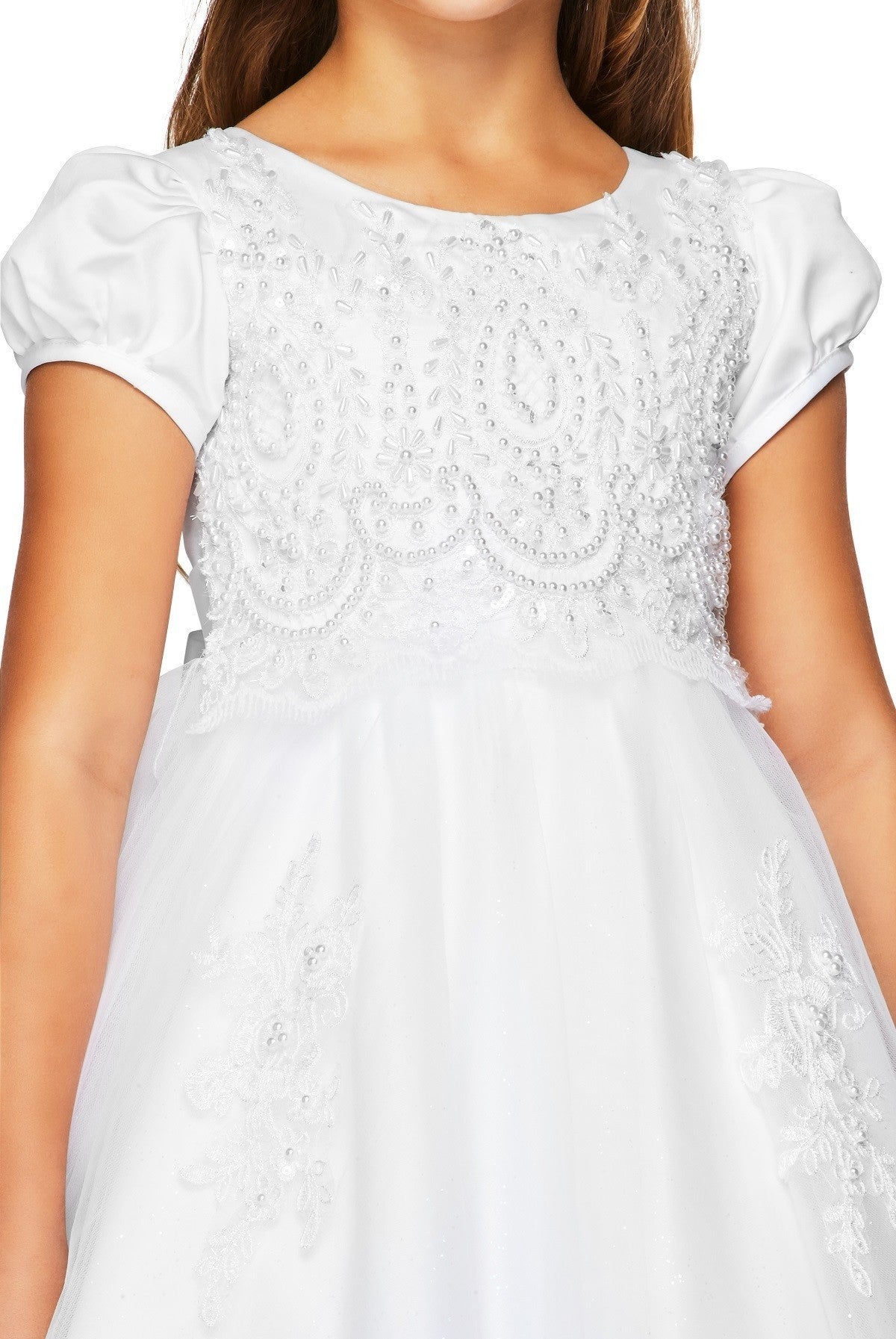 Puff Sleeve Floral Pearl Bead Lace Tulle Flower Girl Dress by Cinderella Couture USA AS2012