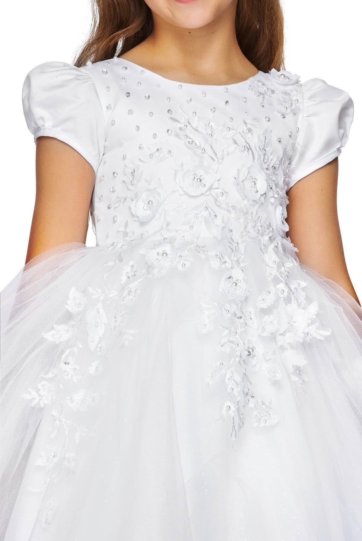 FLoral Stone Cap Sleeve Satin Tulle Flower Girl Dress by Cinderella Couture USA AS2013