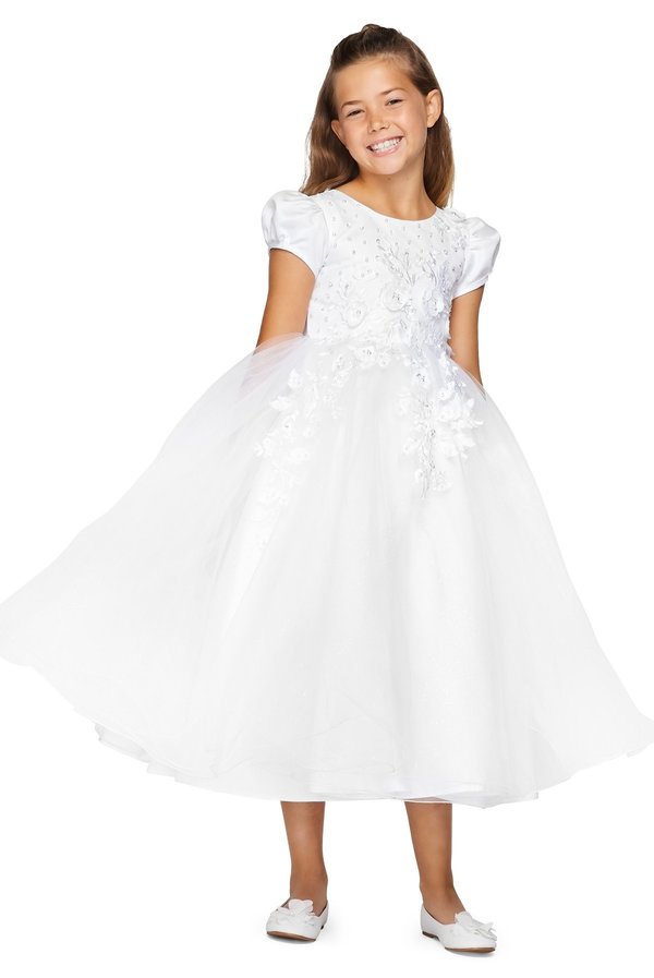 FLoral Stone Cap Sleeve Satin Tulle Flower Girl Dress by Cinderella Couture USA AS2013